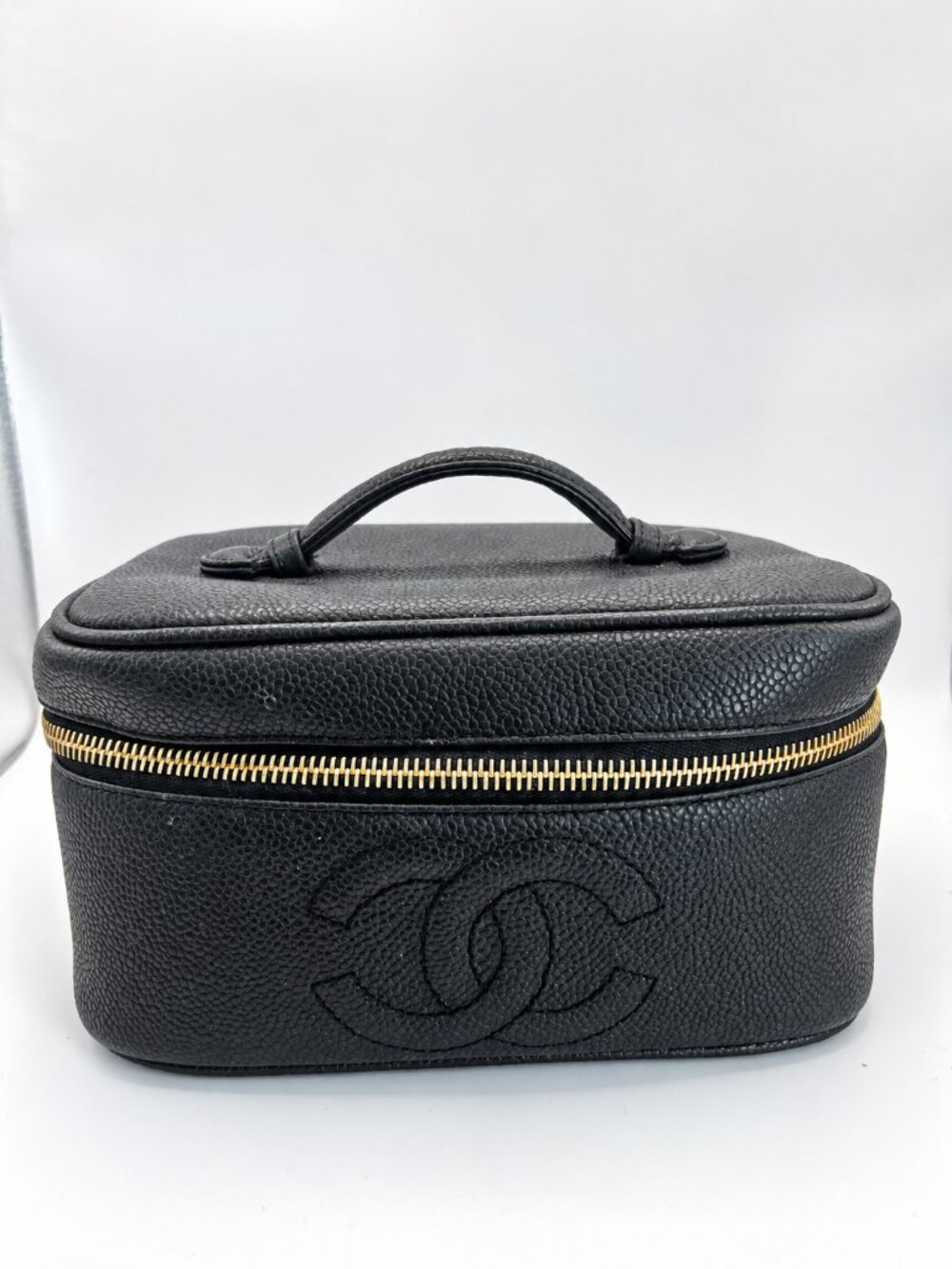 Authentic CHANEL Vintage Timeless Black Caviar Leather Vanity Cosmetic Case
